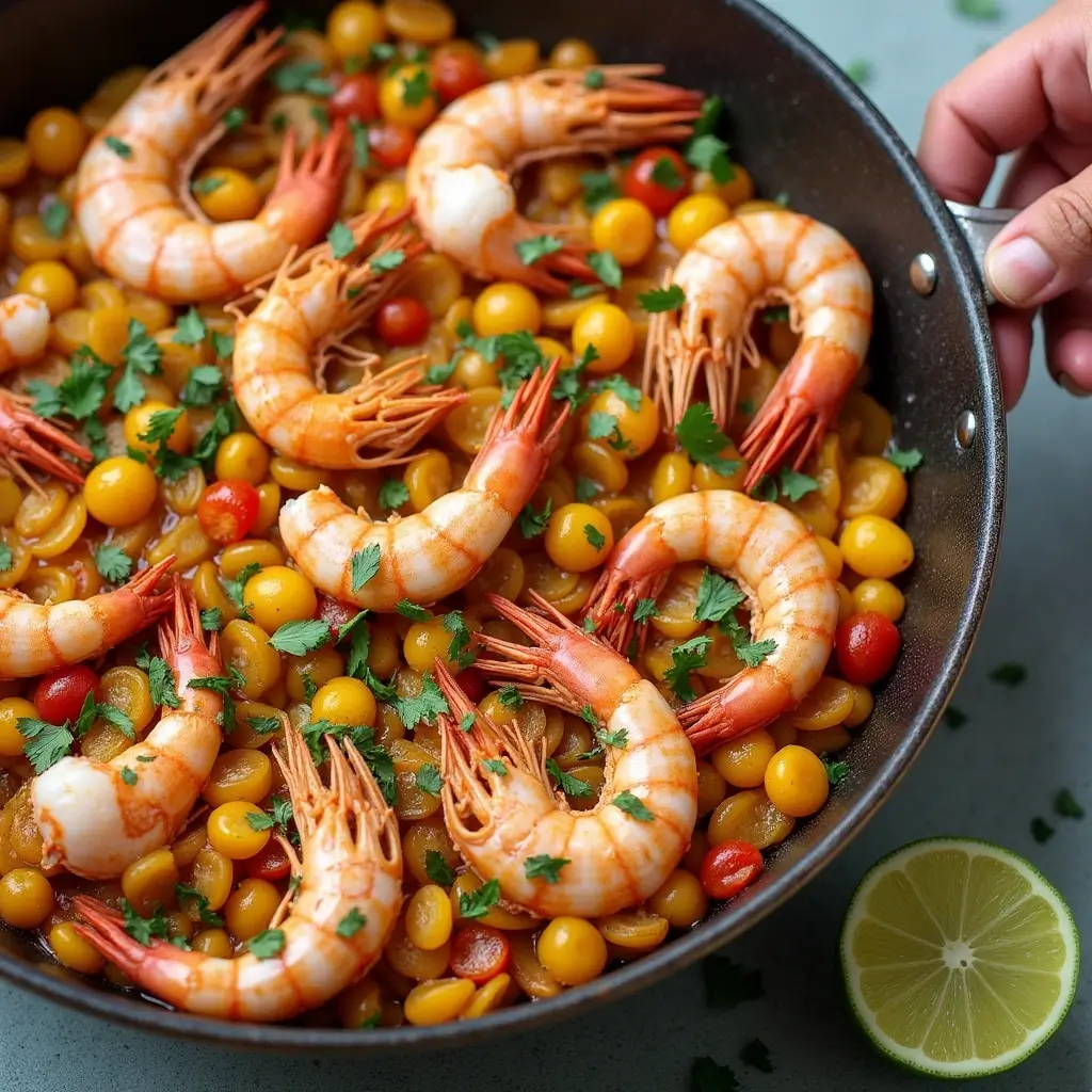 Variety of fresh seafood including shrimp, mussels, clams, and squid, arranged for an authentic seafood paella recipe