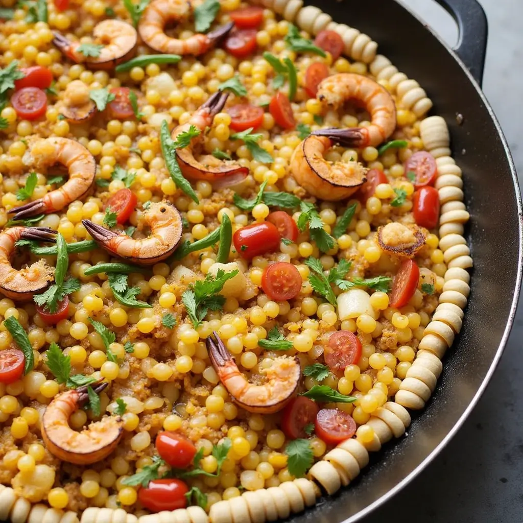 Fresh selection of seafood including shrimp, mussels, clams, and squid, ready for making authentic seafood paella.