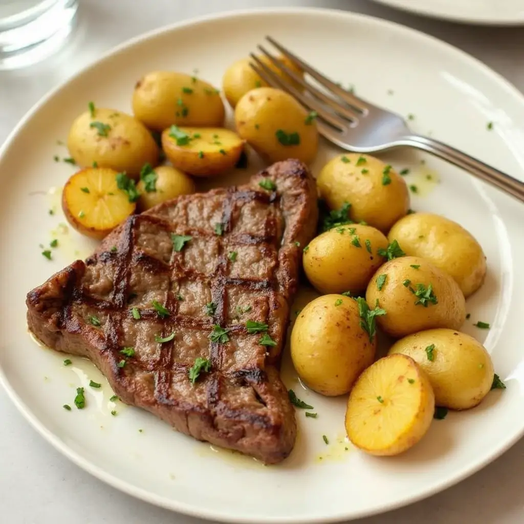 Garlic butter steak served with golden roasted potatoes and fresh rosemary and thyme