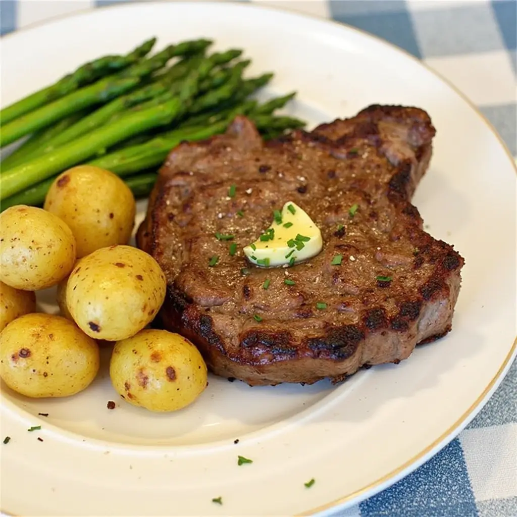 Perfectly cooked garlic butter steak with crispy roasted potatoes, served with fresh herbs.