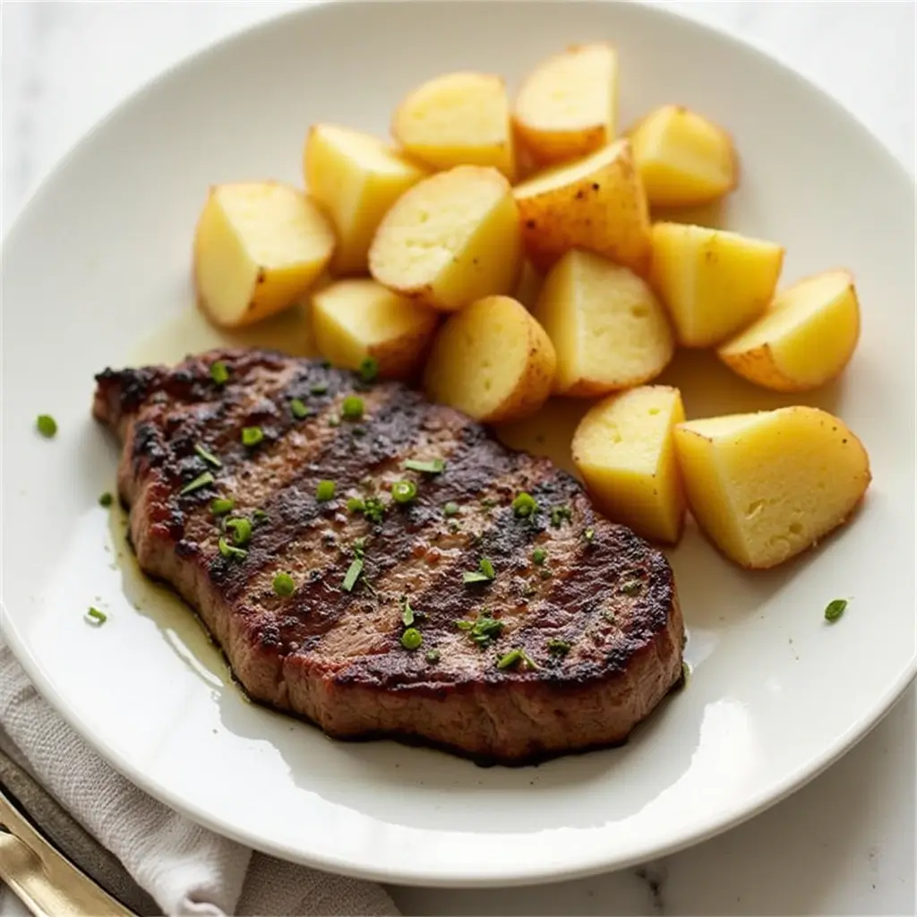 Garlic butter steak with roasted potatoes and fresh herbs, a delicious step-by-step recipe.