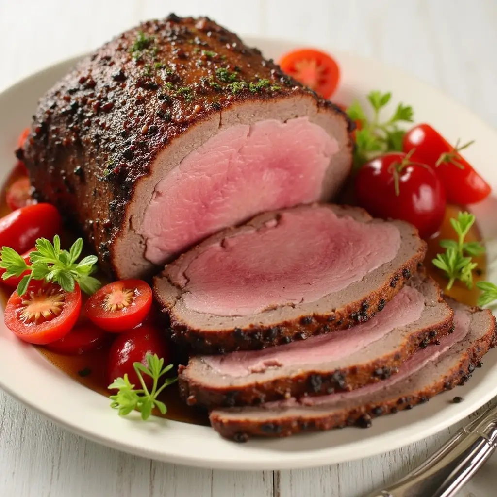 Juicy and tender roast beef served with golden roasted vegetables, gravy, and fresh herbs, embodying the perfect roast beef recipe.