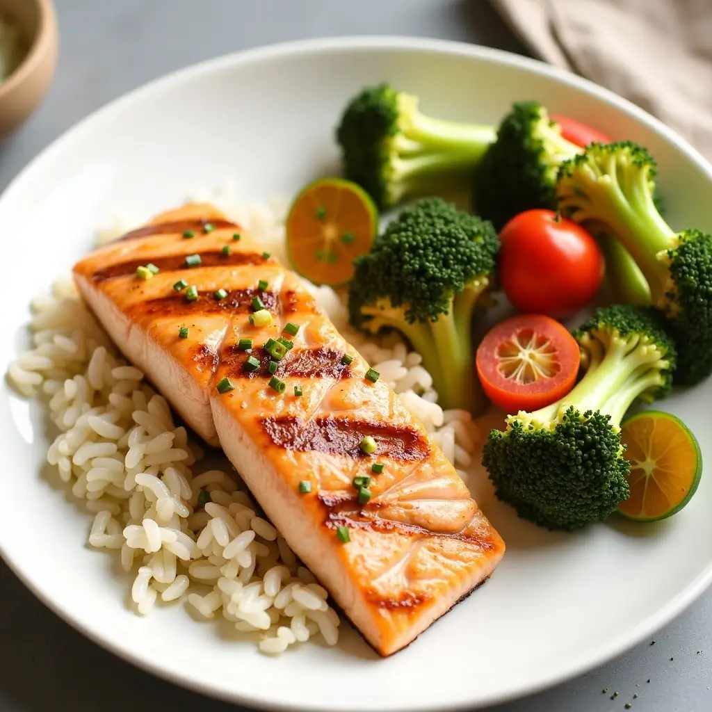 Perfectly Paired Grilled Salmon with Rice and Delicious Side Dishes