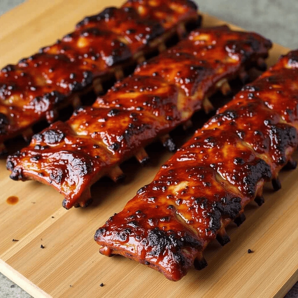 Delicious BBQ ribs with a caramelized glaze, served on a wooden board with fresh herbs, showcasing the perfect temperature for tender, juicy results