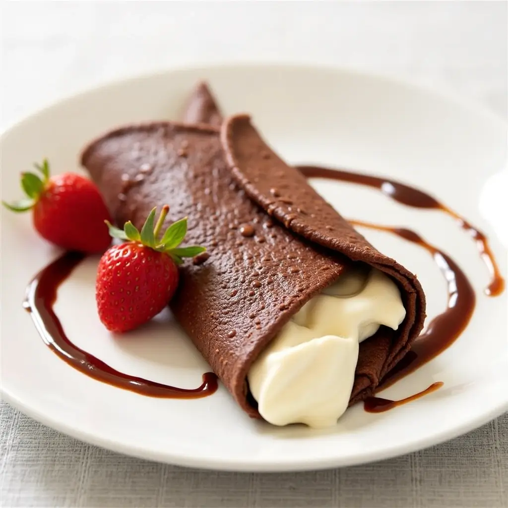 Delicious Stack of Chocolate Crepes with Whipped Cream and Fresh Berries