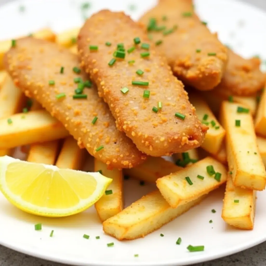 A plate of crispy, golden lectin-free fish and chips served with sweet potato fries and tartar sauce