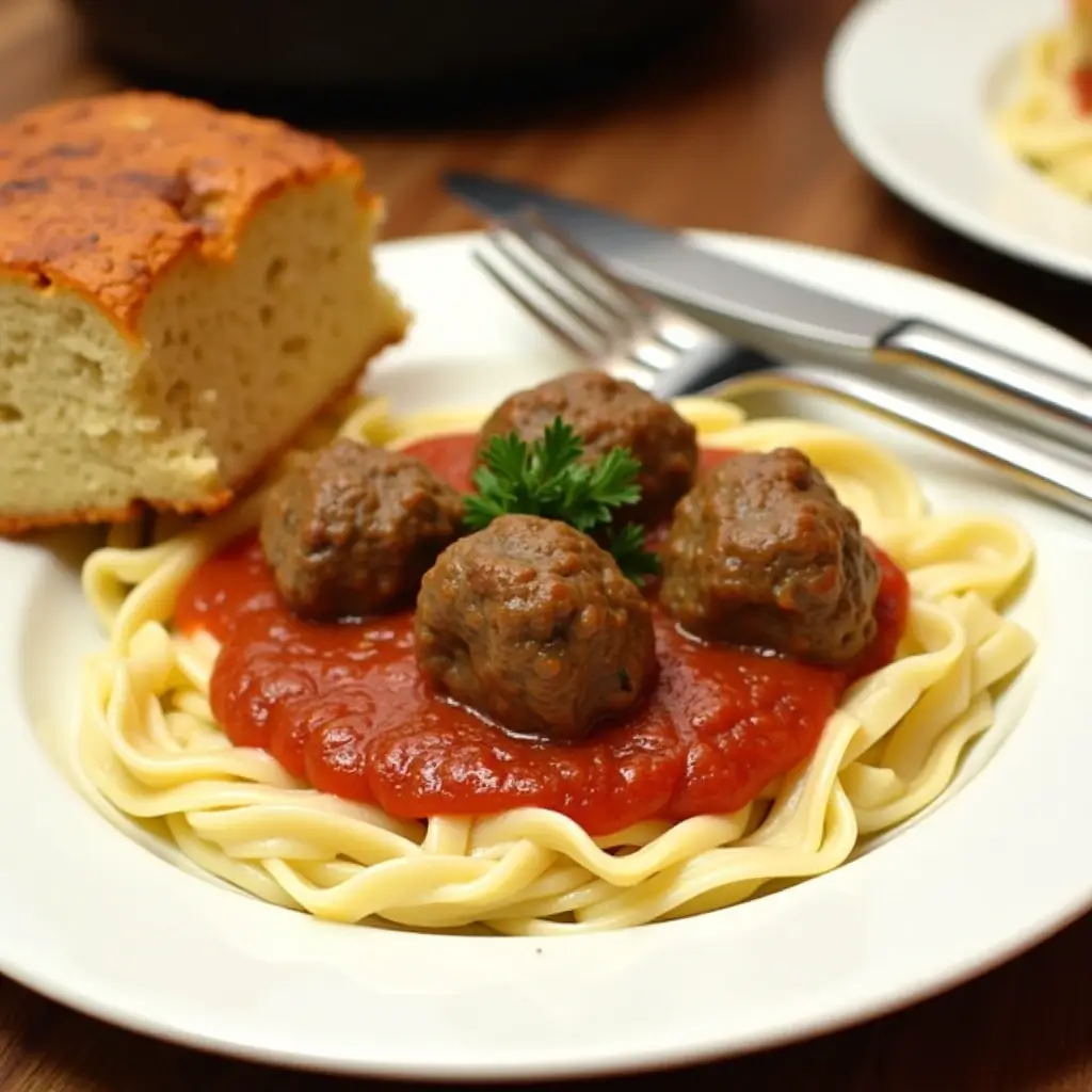 Plate of homemade Swedish meatballs recette served with creamy gravy, mashed potatoes, and lingonberry sauce