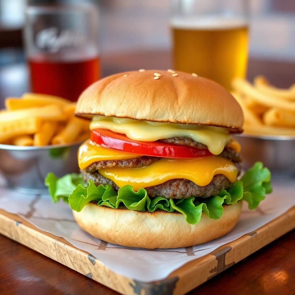 California Classic Double Cheeseburger with two juicy beef patties, melted cheddar cheese, fresh lettuce, tomatoes, and pickles, served on a toasted bun with a side of fries.