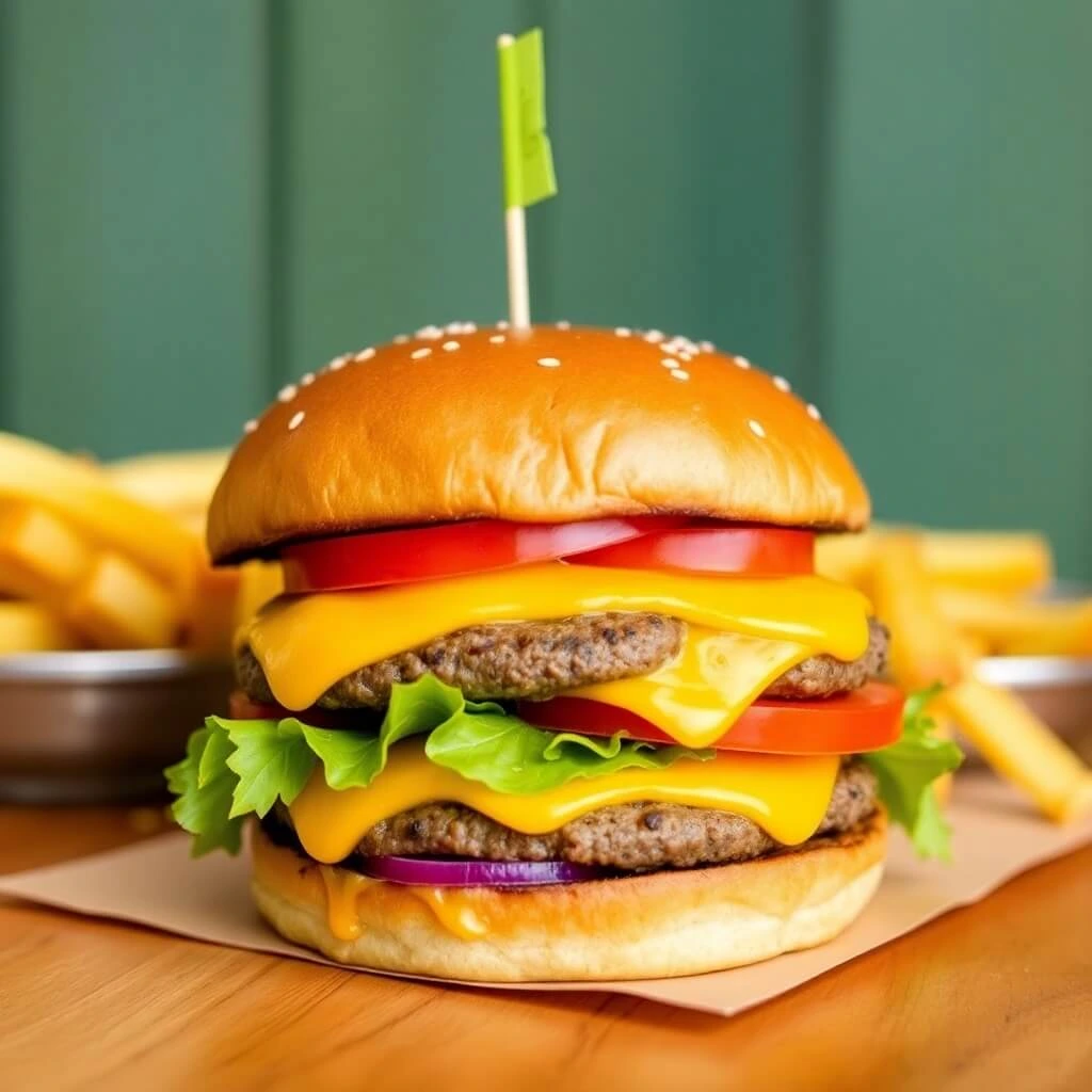 California Classic Double Cheeseburger with two juicy beef patties, melted cheese, fresh lettuce, tomatoes, and signature sauce on a toasted bun