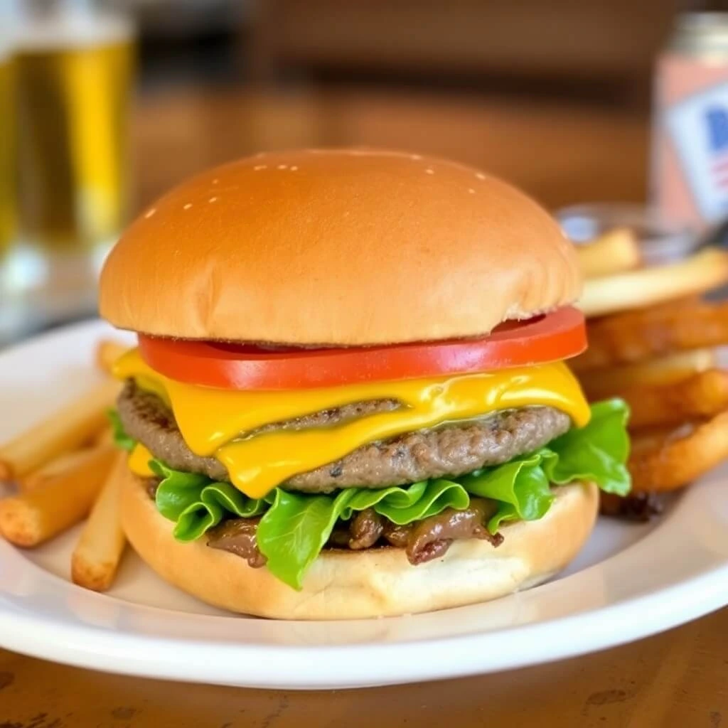 California Classic Double Cheeseburger with two juicy beef patties, melted cheese, fresh lettuce, tomatoes, and signature sauce on a toasted bun