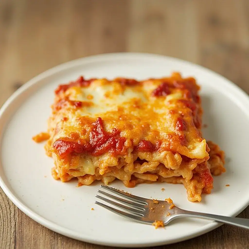 A close-up of a perfectly baked American lasagna slice, showcasing golden cheese topping, thick layers of pasta, rich meat sauce, and creamy ricotta on a rustic wooden table with a side of fresh basil garnish