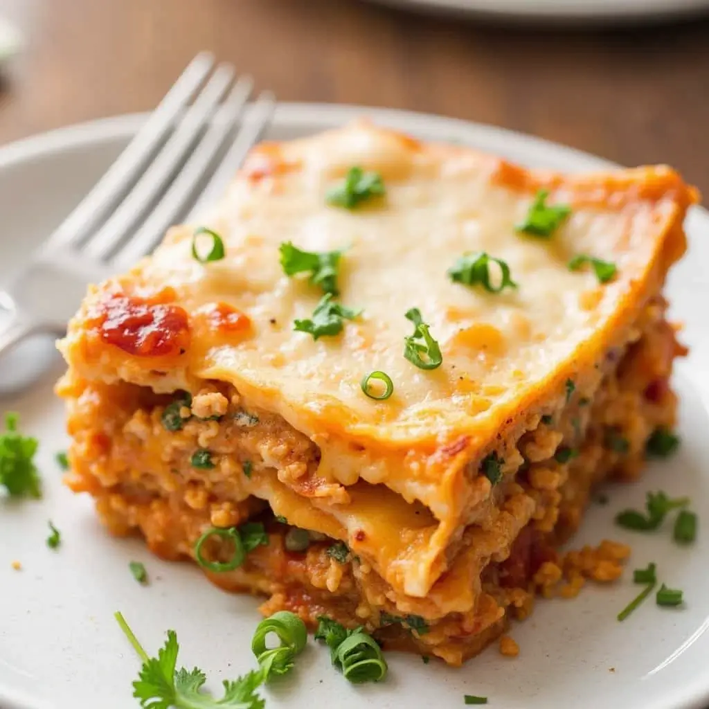 An indulgent slice of homemade American lasagna on a white plate, with visible layers of pasta, savory meat sauce, ricotta, mozzarella, and parmesan, topped with a golden, crispy cheese crust and garnished with fresh basil, placed on a rustic wooden table next to a fork and napkin