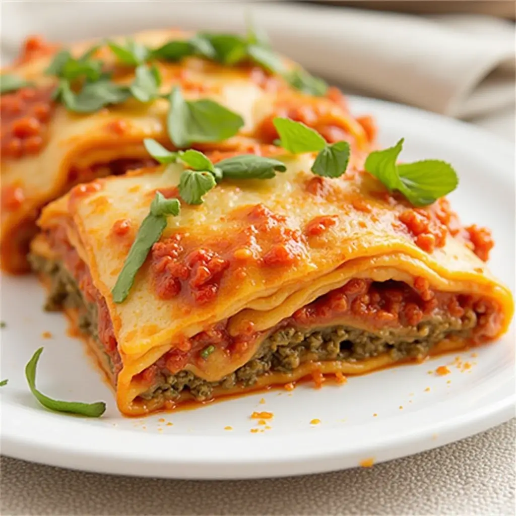 A mouthwatering slice of American lasagna with layers of pasta, rich meat sauce, creamy ricotta, melted mozzarella, and golden parmesan on a white plate