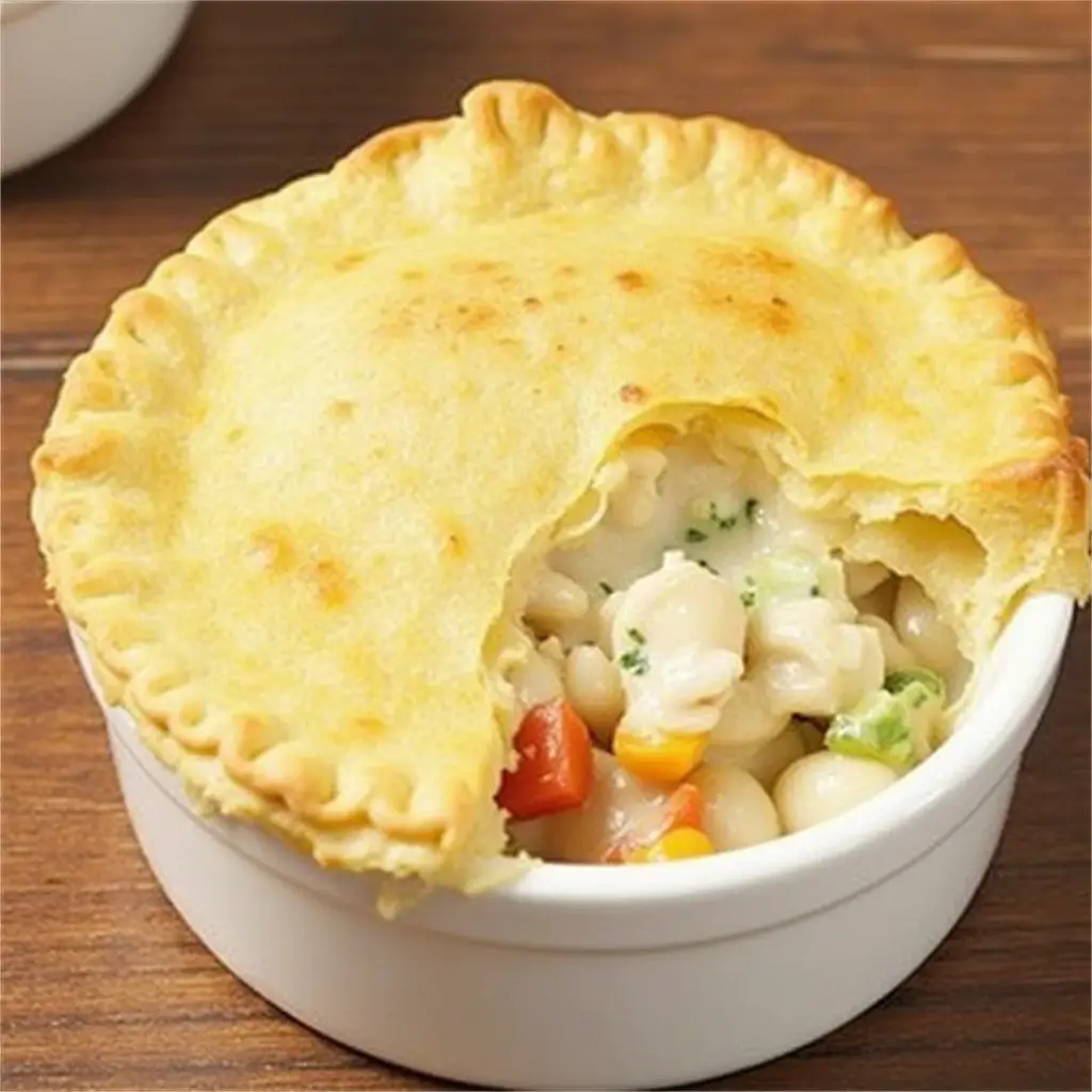 "Golden, flaky chicken pot pie served on a plate with creamy filling."