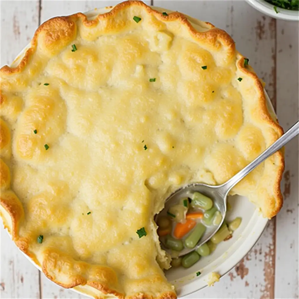 "Homemade chicken pot pie with a crispy golden crust and hearty chicken filling."