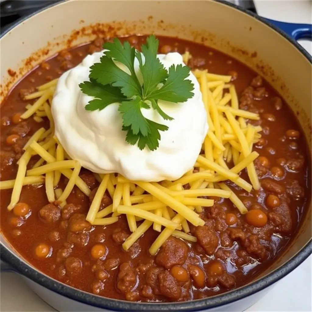 "Delicious homemade chili con carne in a bowl, with beans, ground beef, and spices – the perfect hearty and flavorful recipe."
