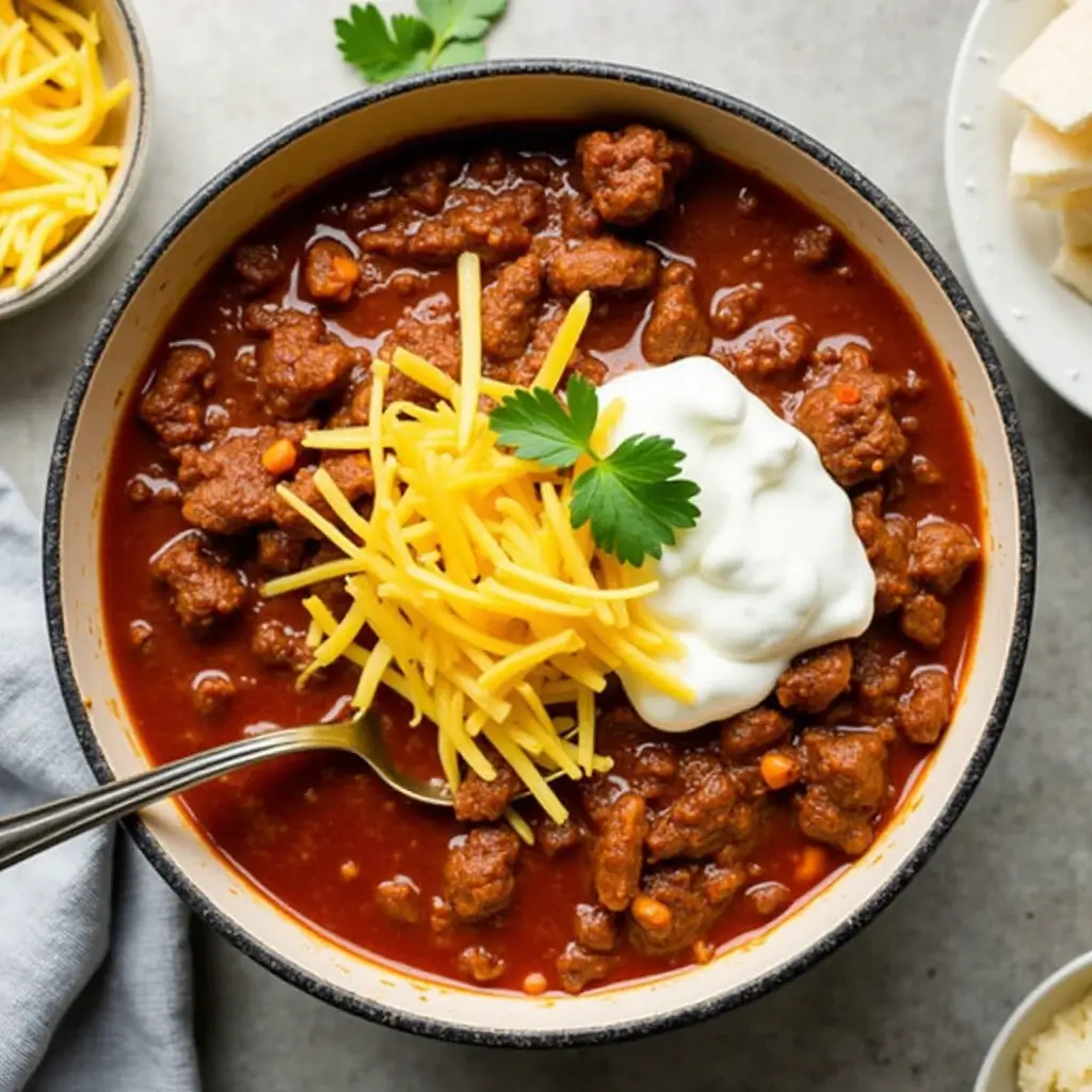 "Homemade chili con carne in a bowl with ground beef, beans, tomatoes, and spices – a hearty and flavorful comfort food."