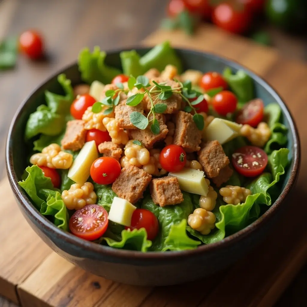 Classic Cobb Salad with grilled chicken, avocado, crispy bacon, hard-boiled eggs, cherry tomatoes, and romaine lettuce in a bowl