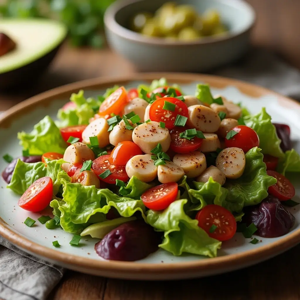 Colorful Classic Cobb Salad served in a rustic bowl, featuring fresh grilled chicken strips, creamy avocado slices, crispy bacon bits, perfectly boiled eggs, juicy cherry tomatoes, crumbled blue cheese, and crunchy romaine lettuce, garnished with a light vinaigrette dressing.