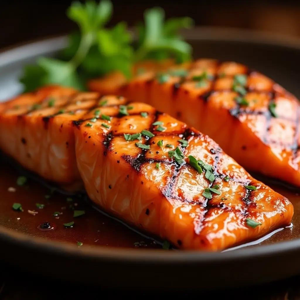 Grilled salmon fillet with golden crispy skin, served with lemon wedges and fresh herbs on a wooden platter