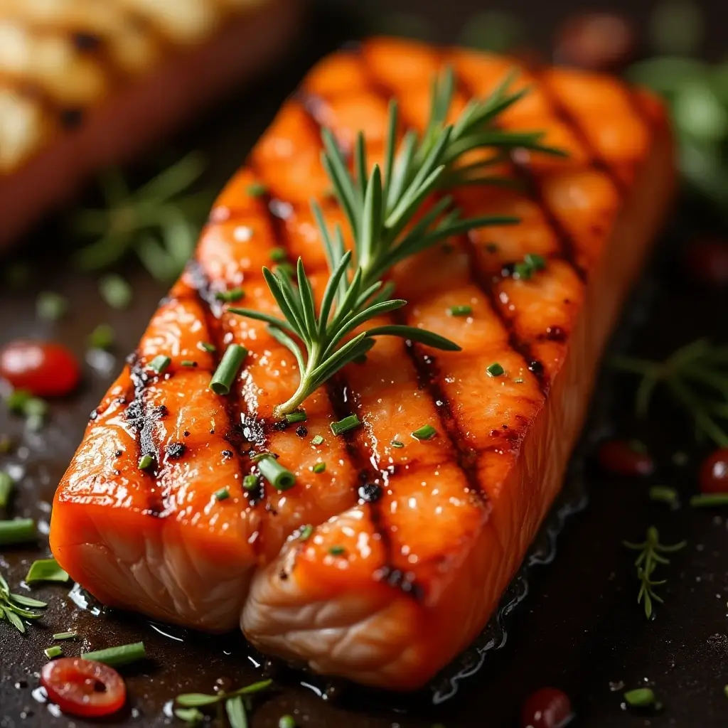 Grilled salmon fillet with crispy skin, garnished with lemon slices and herbs on a wooden board**