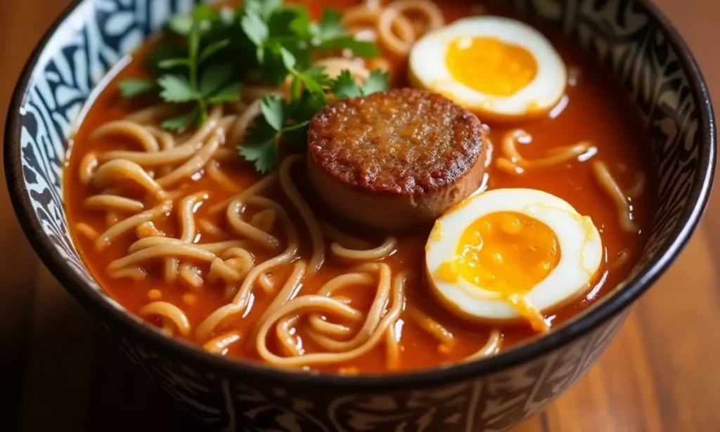 Close-up of homemade Hello Fresh ramen with noodles, pork, and scallions.