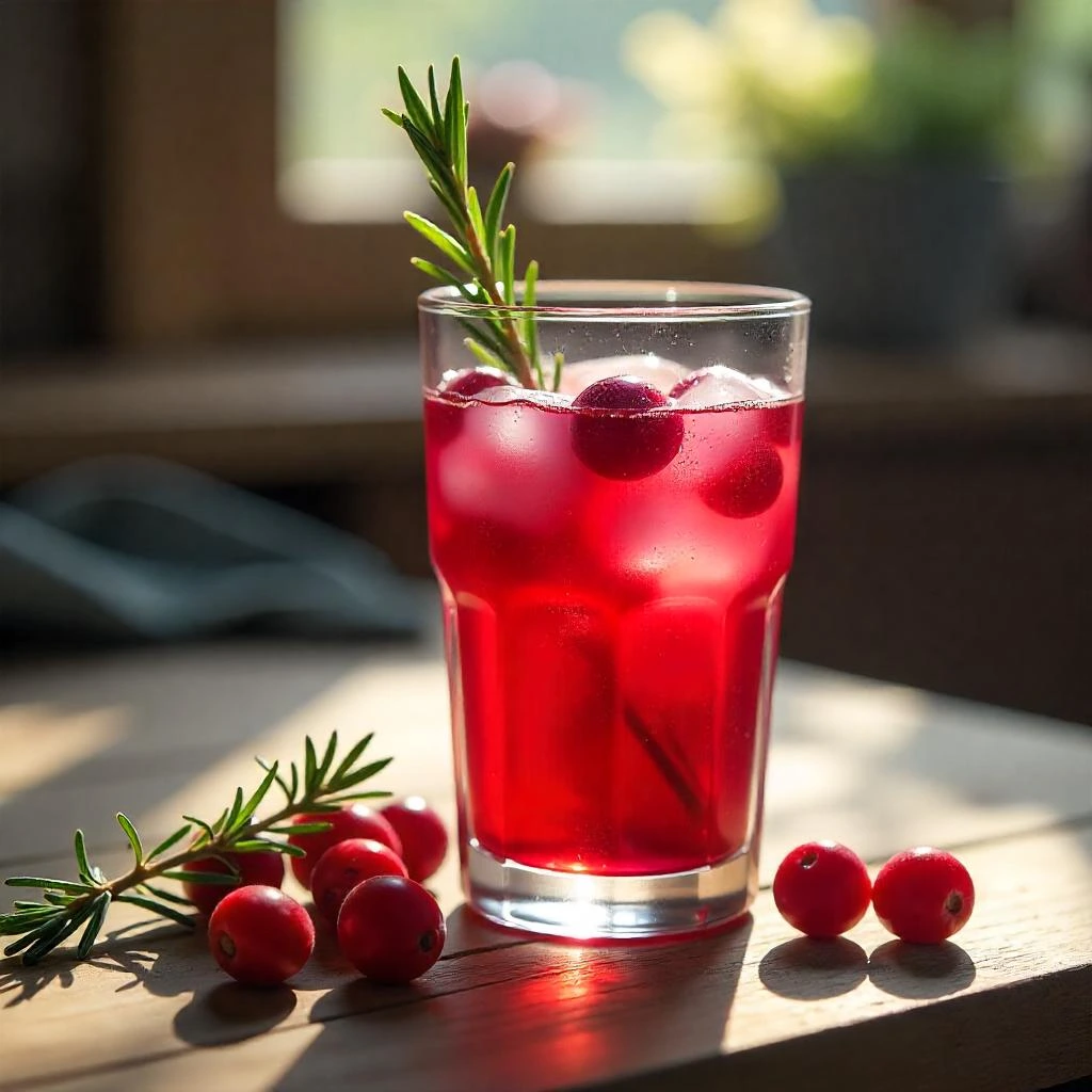 A clear glass filled with vibrant cranberry juice, surrounded by fresh cranberries and green leaves on a rustic wooden surface.