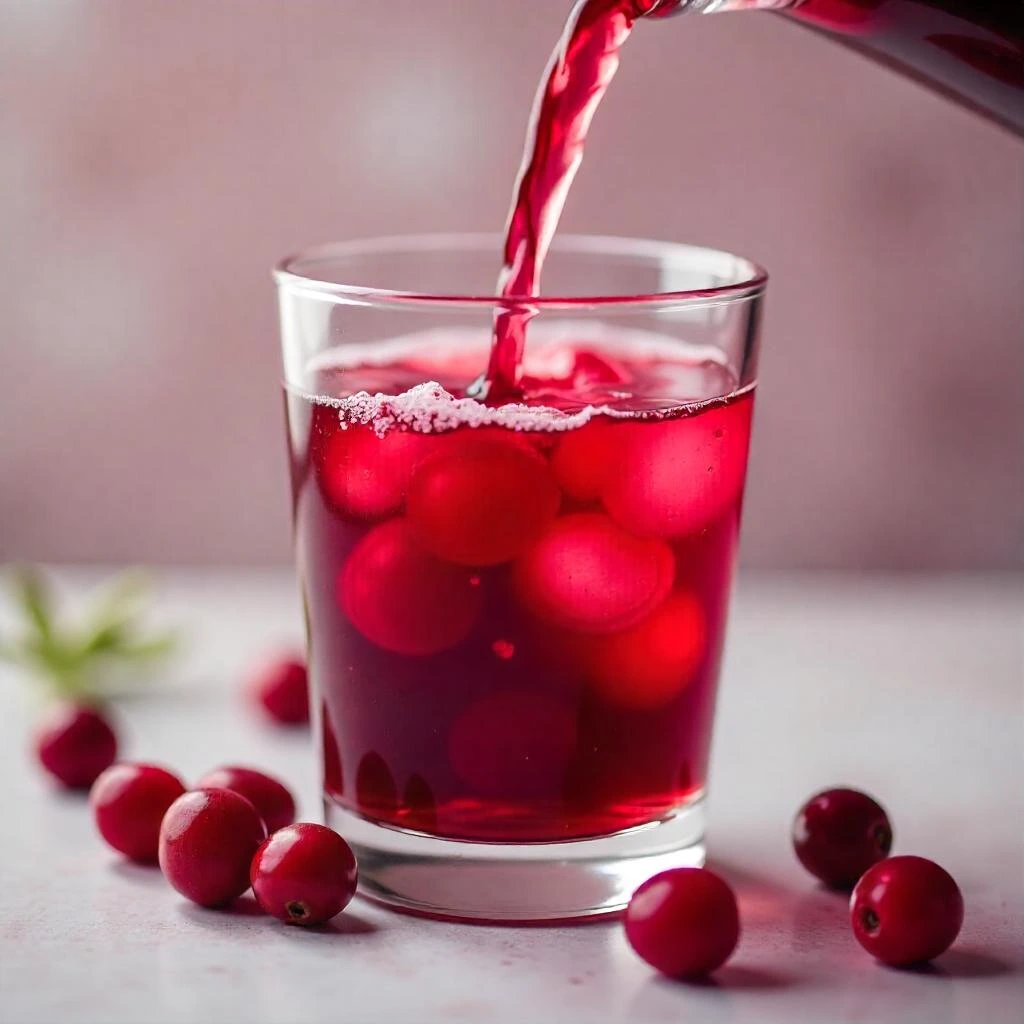 A glass of cranberry juice with fresh cranberries and green leaves on a wooden table