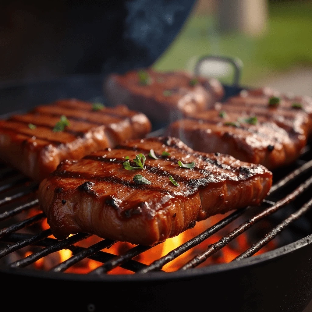Charcoal barbecue grill with tongs, spatula, thermometer, and marinated meats ready for cooking