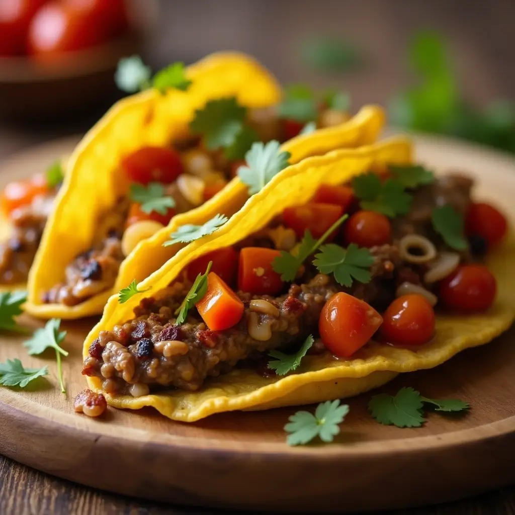 Deliciosos tacos vegetarianos caseros con verduras frescas, aguacate y frijoles en tortillas de maíz.