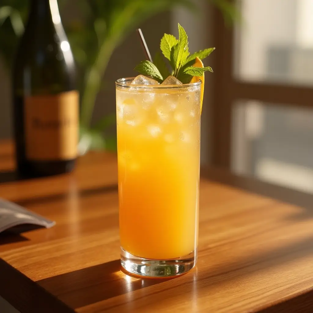 Tropical Hawaiian Mimosa cocktail made with pineapple juice, champagne, grenadine, and fresh fruit garnish in a clear flute glass.
